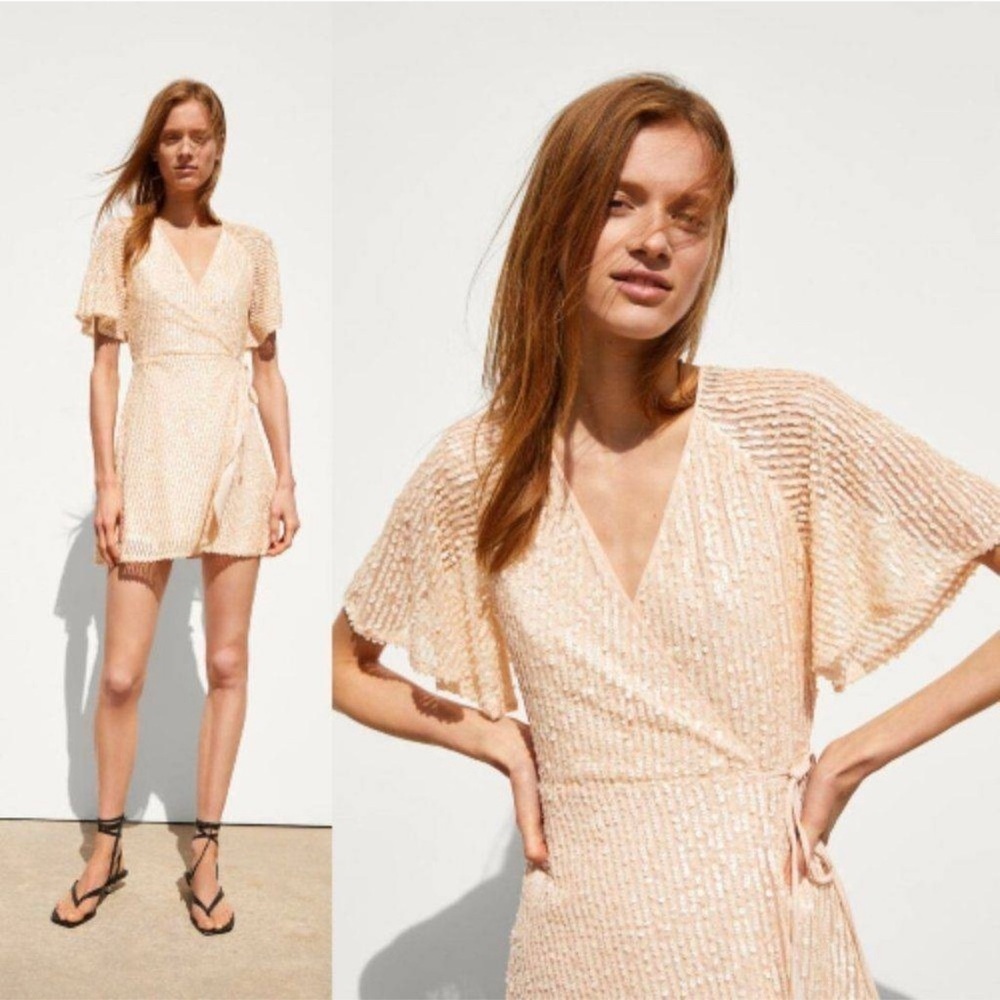 ZARA light blush mini sequin wrap dress